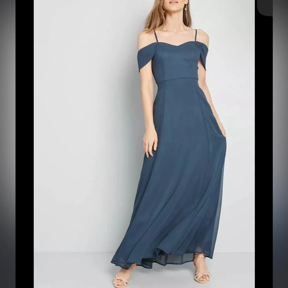 ModCloth Chiffon maxi dress bridesmaid blue off the shoulder long  2 - Picture 1 of 14